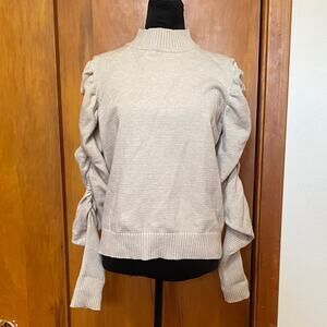 Cream Rachelle Pullover Mock Turtleneck Sweater Ruched Puff Sleeves Long Ribbed